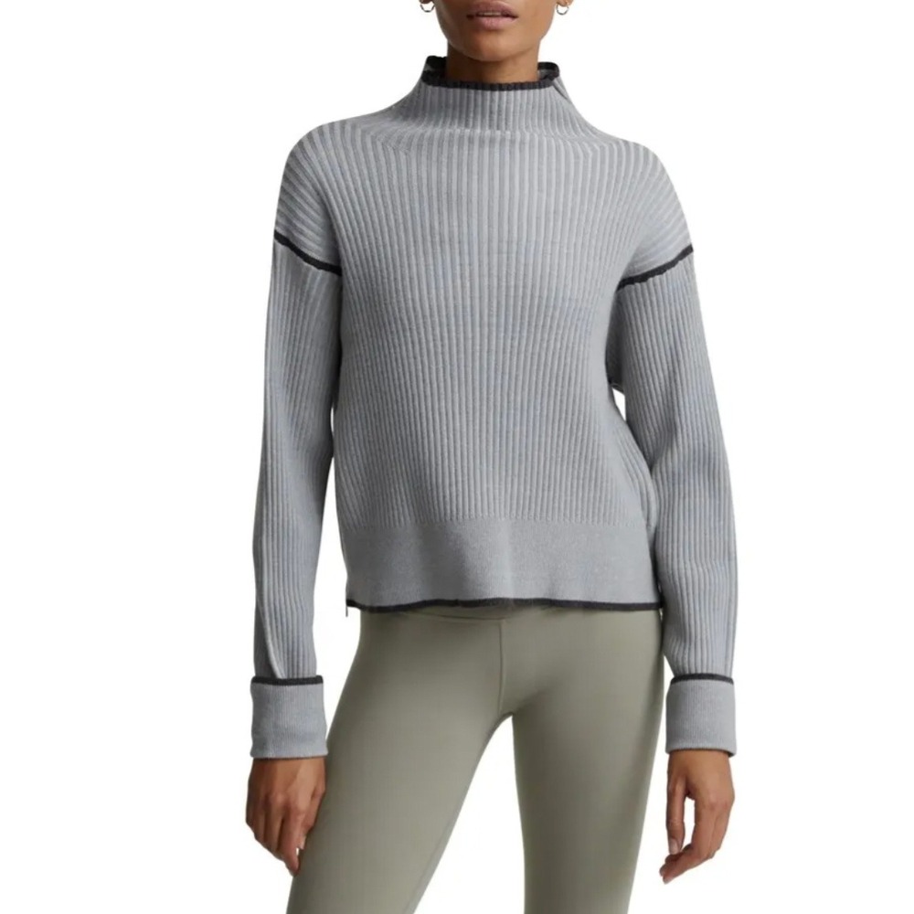 Varley Women's‎ Hagen Grey Ribbed Mock Neck Side Zip Cropped Sweater Sz Medium